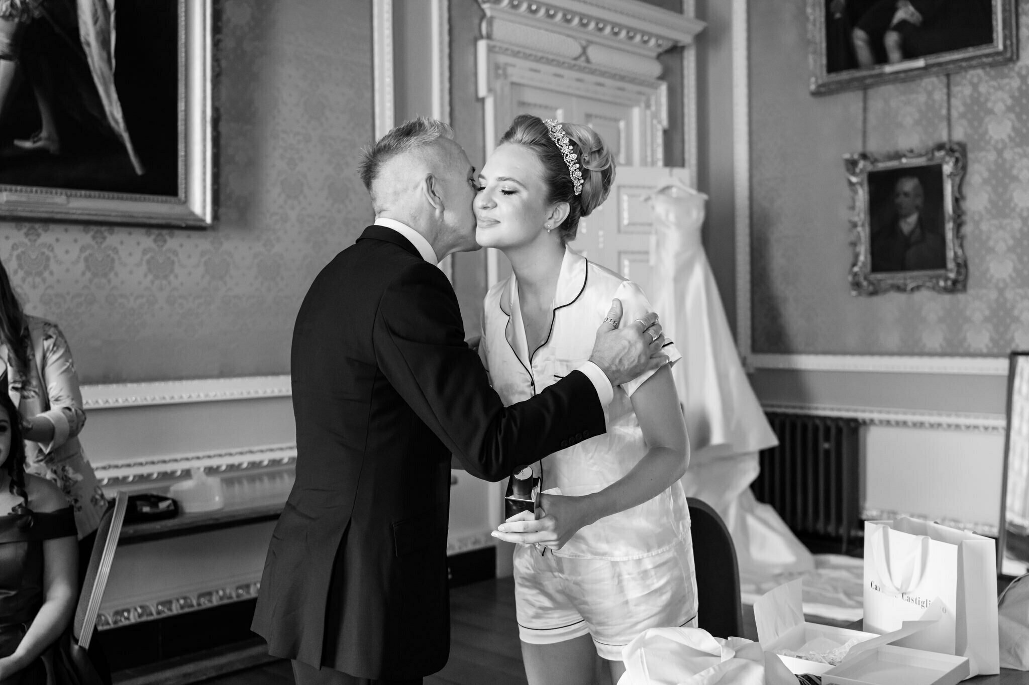 The bride and her father before the wedding at Stowe House.