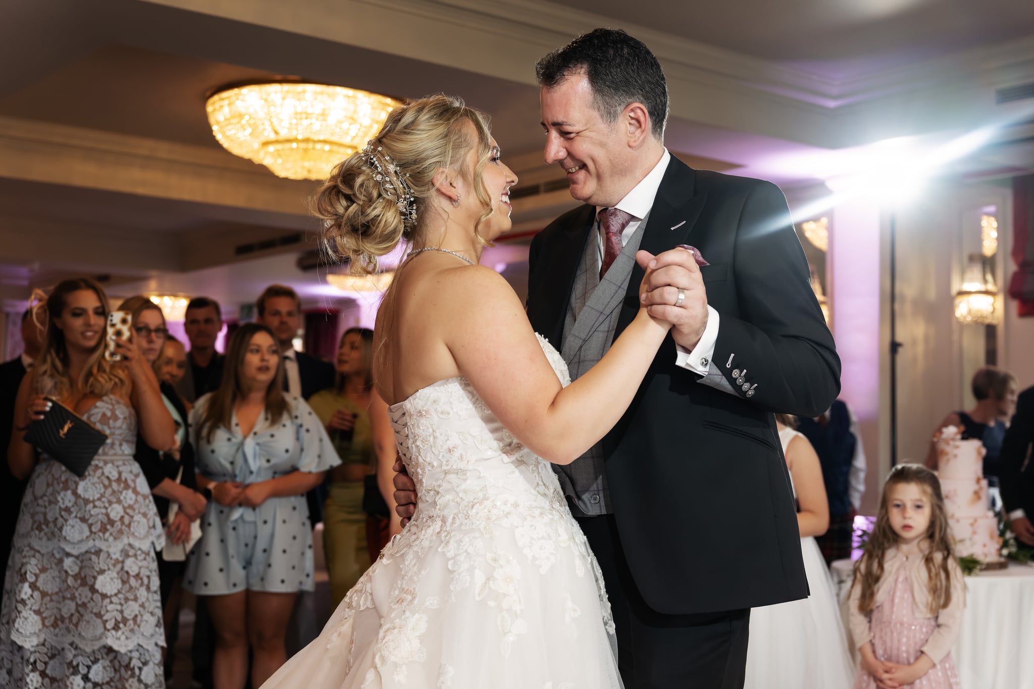 Bride and groom's first dance in the Harcourt Ballroom at Pendley Manor