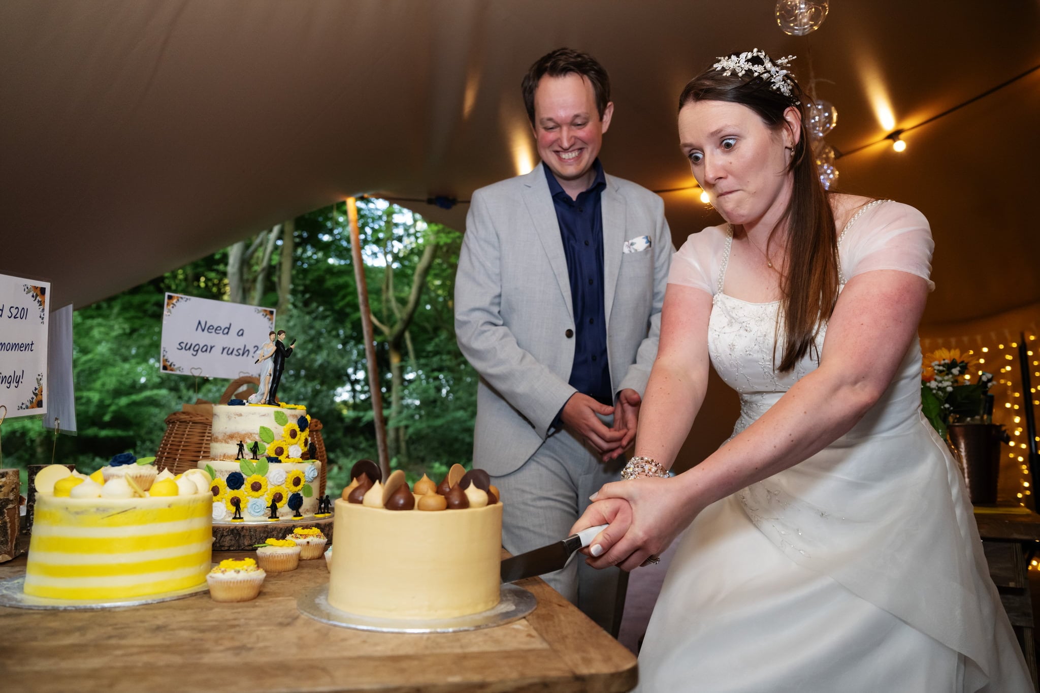 A bride and groom cutting their wedding cake.