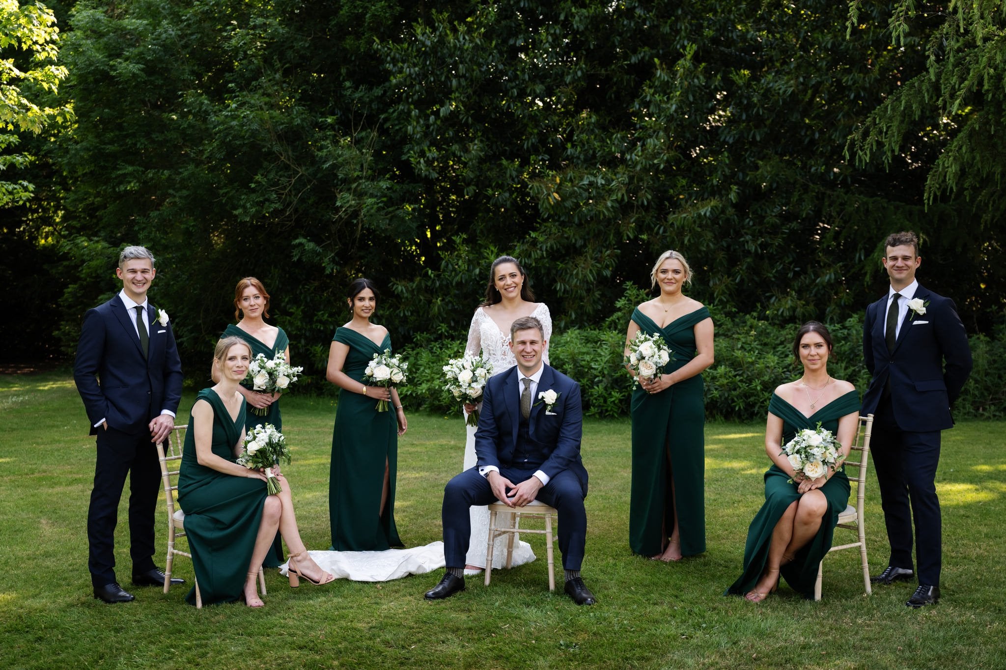 Bride and groom with bridal party outside Shendish Manor