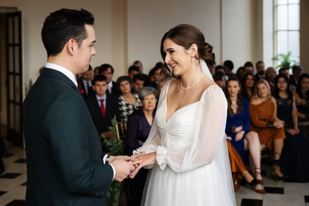 A bride and groom during their wedding ceremony at Addington Palace