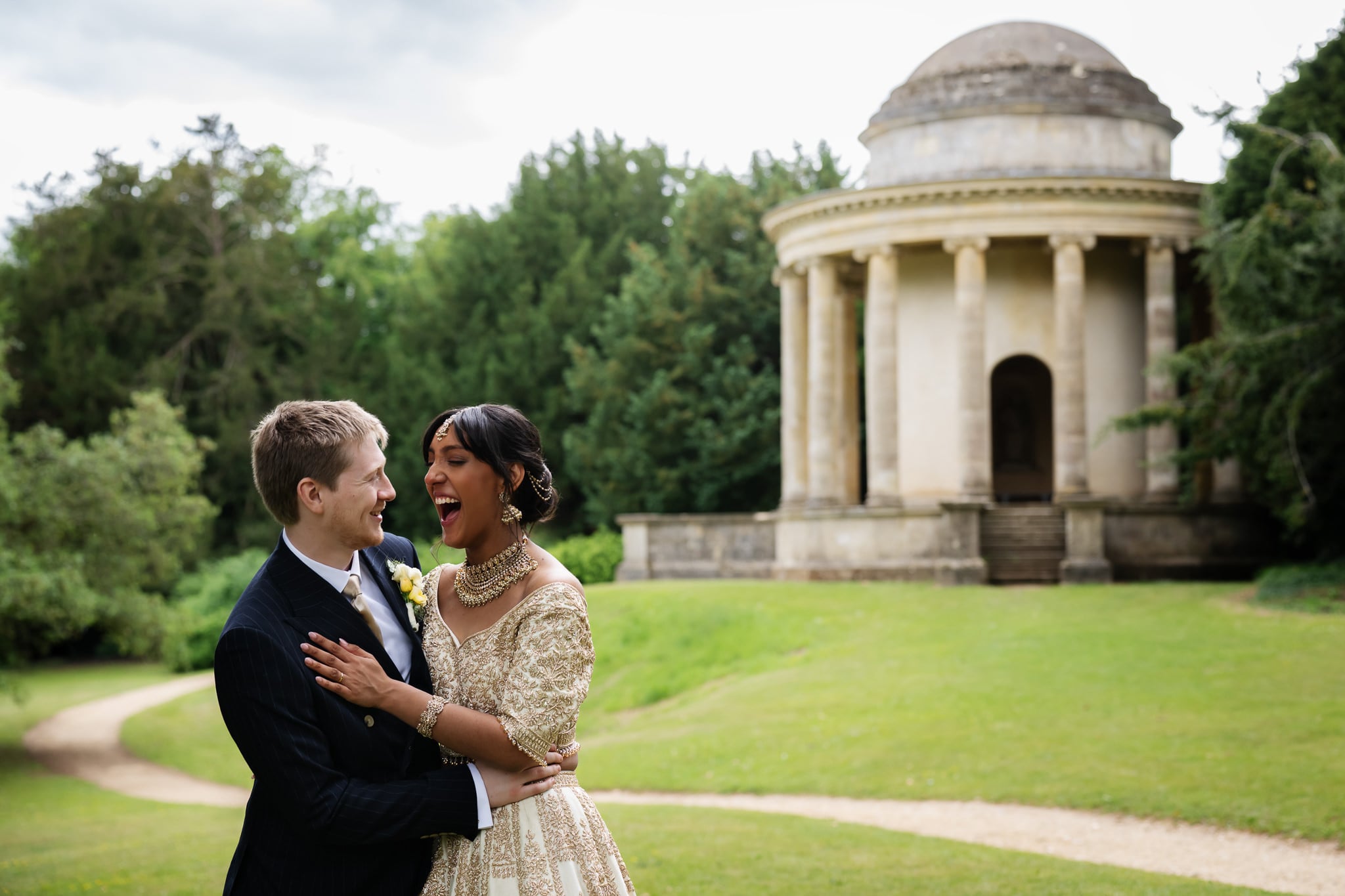 Natural portrait of bride and groom at Stowe House wedding
